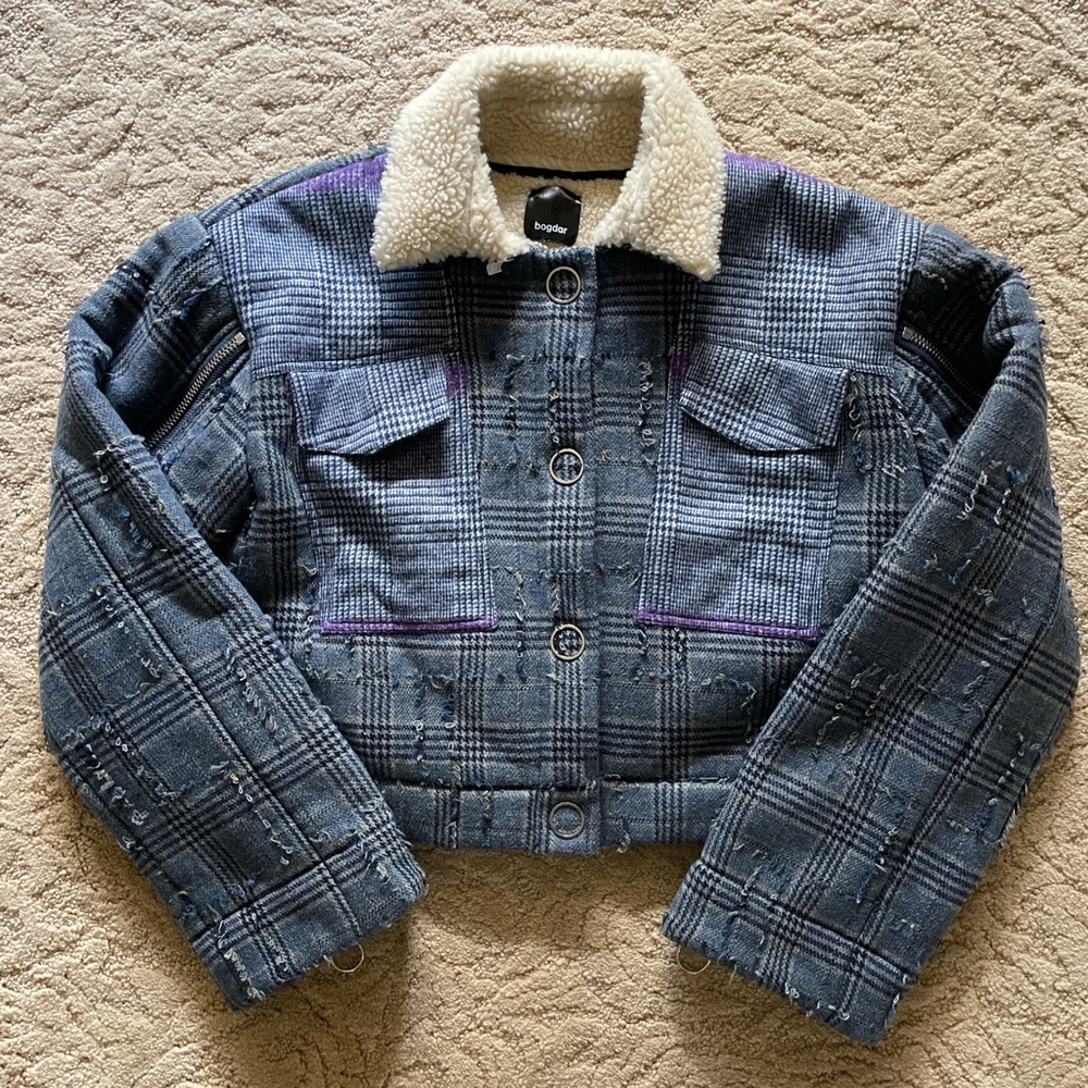 Blue and purple plaid Sherpa Bogar jacket ￼